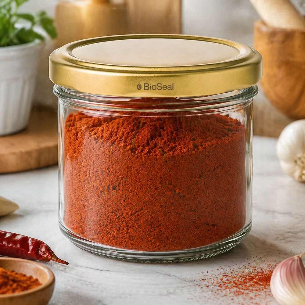Frasco de conserva UNiTWIST de 125 ml cheio de pó de paprica - tampa dourada TO66 em ambiente de cozinha