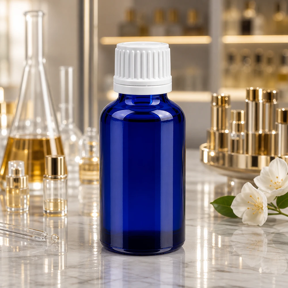 Frasco de 30ml com tampa de rosca de 11mm branca inviolável BlueLine UT18/30 Frasco de vidro BlueLine de 30 ml com tampa OV branca para armazenamento seguro de líquidos
