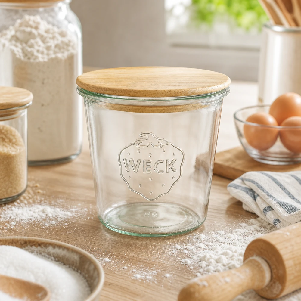 Frasco de vidro WECK de 580 ml vazio com tampa de madeira na cozinha, sobre uma mesa de madeira polvilhada com farinha, entre acessórios de pastelaria e ovos