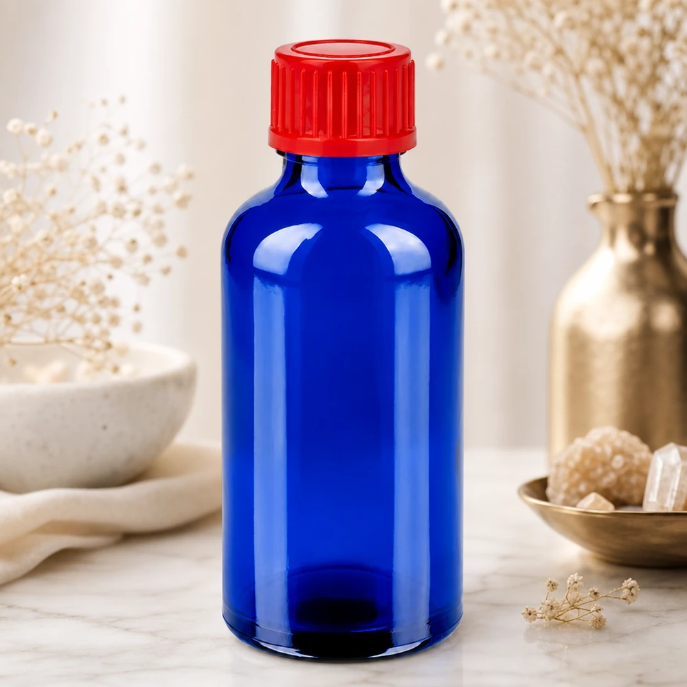 Frasco de vidro compacto de 50 ml BlueLine UT18/50 com uma prática tampa de rosca de 11 mm para uso diário