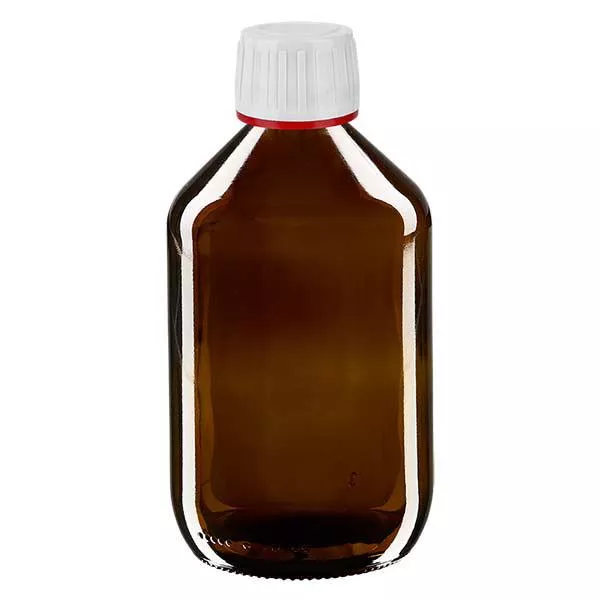 Frasco de medicamento de 500ml castanho, tampa branca com anel inviolável vermelho ApoGlas Frasco de medicamento de 500ml castanho, tampa branca com anel inviolável vermelho ApoGlas