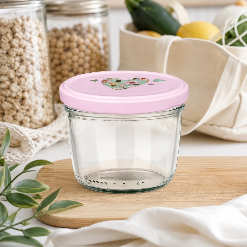 Copos de vidro de 230 ml + tampa BasicSeal cor-de-rosa UNiTWIST Copos vazios de 230 ml com tampa de coração cor-de-rosa em tábua de madeira em cozinha sustentável sem desperdício com frascos de arrumação