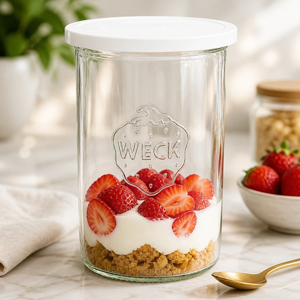 Copos de vidro de 1000ml com tampa WECK RR100 O frasco de pedreiro WECK de 1000 ml como frasco de sobremesa cheio de morangos e natas mostra a utilização versátil do frasco de conserva RR100