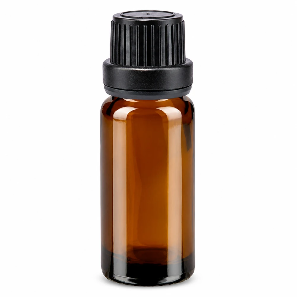 Frasco de vidro castanho de farmácia de 10 ml com tampa de segurança preta e aplicador de gotas de 2 mm