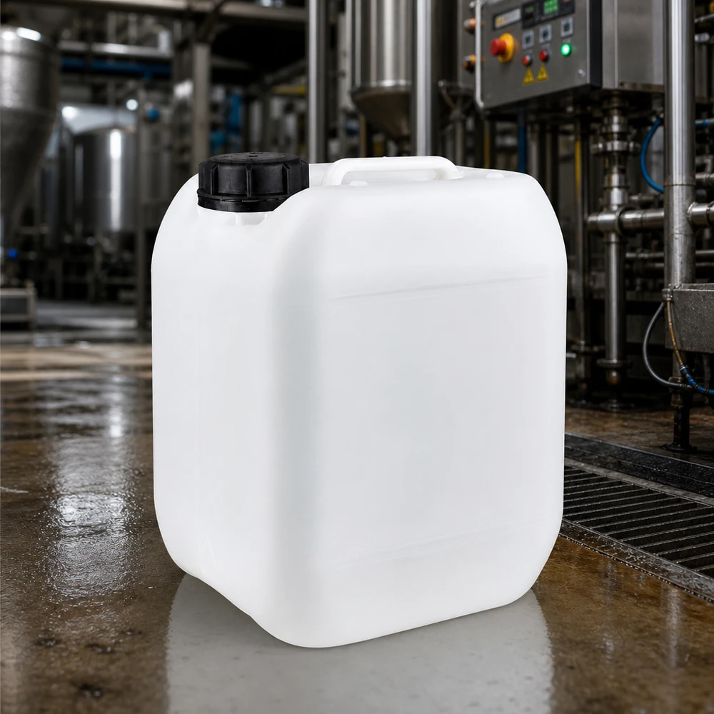 bidão de 5 litros com tampa de rosca com fecho inviolável Bidão industrial transparente vazio de 5 L com tampa preta na sala de produção