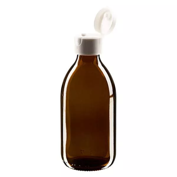 Frasco de medicamento de 250ml castanho, com tampa flip-top ApoGlas Frasco de medicamento de 250ml castanho, com tampa flip-top ApoGlas