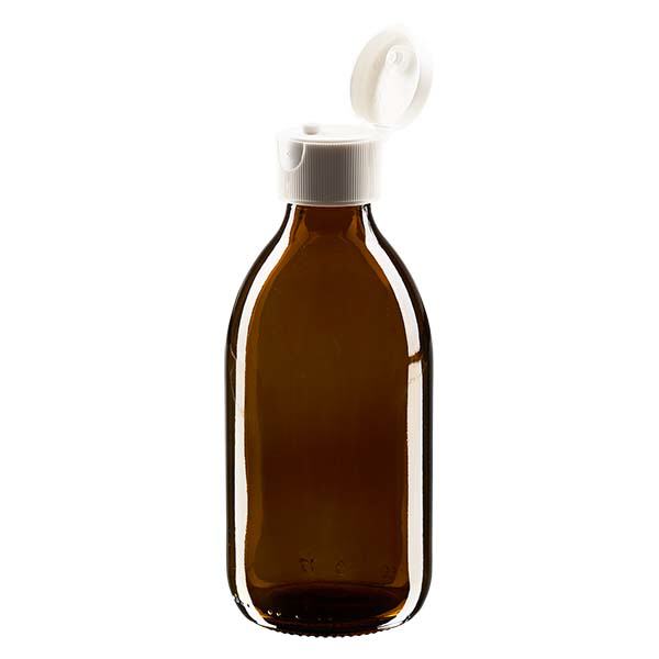 Frasco de medicamento de 250ml castanho, com tampa flip-top ApoGlas