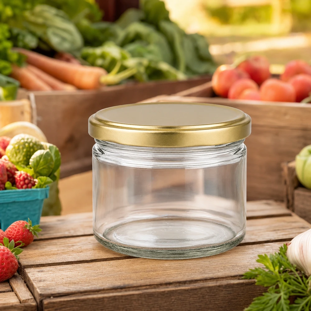 700g Honigglas mit goldenem Deckel BasicSeal UNiTWIST Frasco de mel BasicSeal de 700 g vazio com tampa dourada sobre uma tábua de madeira, rodeado de frutas e legumes frescos do mercado
