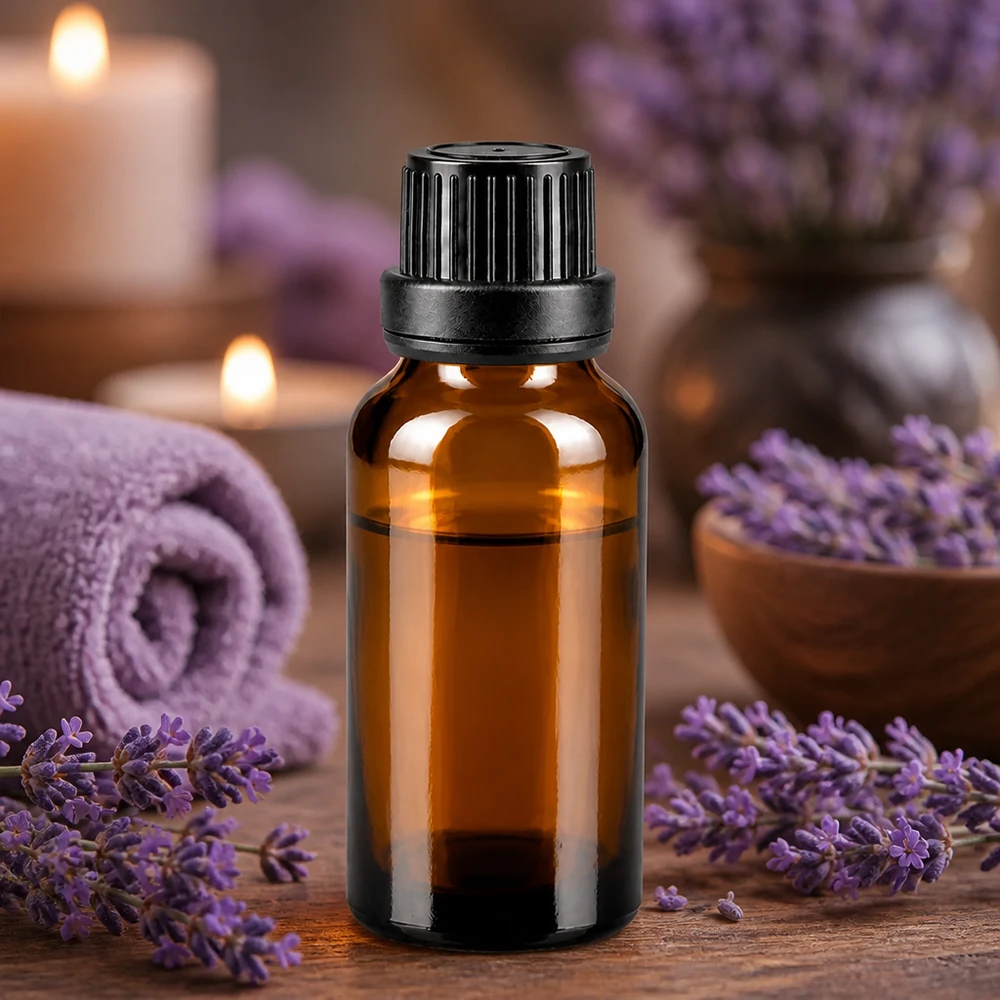 Frasco conta-gotas castanho de 20 ml, em vidro de farmácia, com tampa de rosca preta, entre flores de lavanda