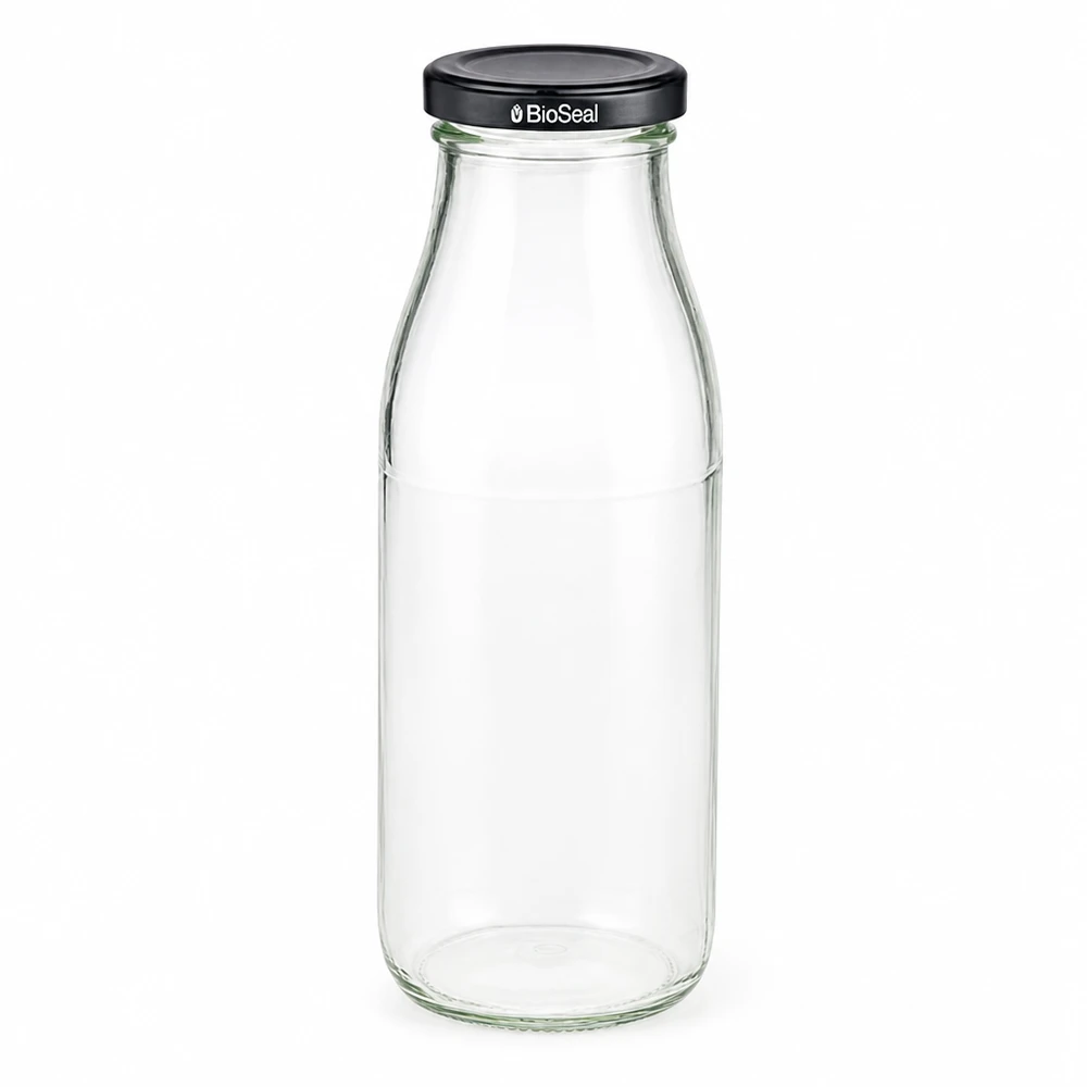 Garrafa de vidro de 500 ml com tampa BioSeal preta vazia e transparente para bebidas e armazenamento
