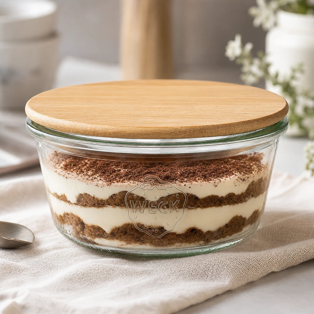 Copos WECK 290ml RR100 cheios de tiramisu e tampa de madeira de bambu, frasco de sobremesa num ambiente de cozinha elegante