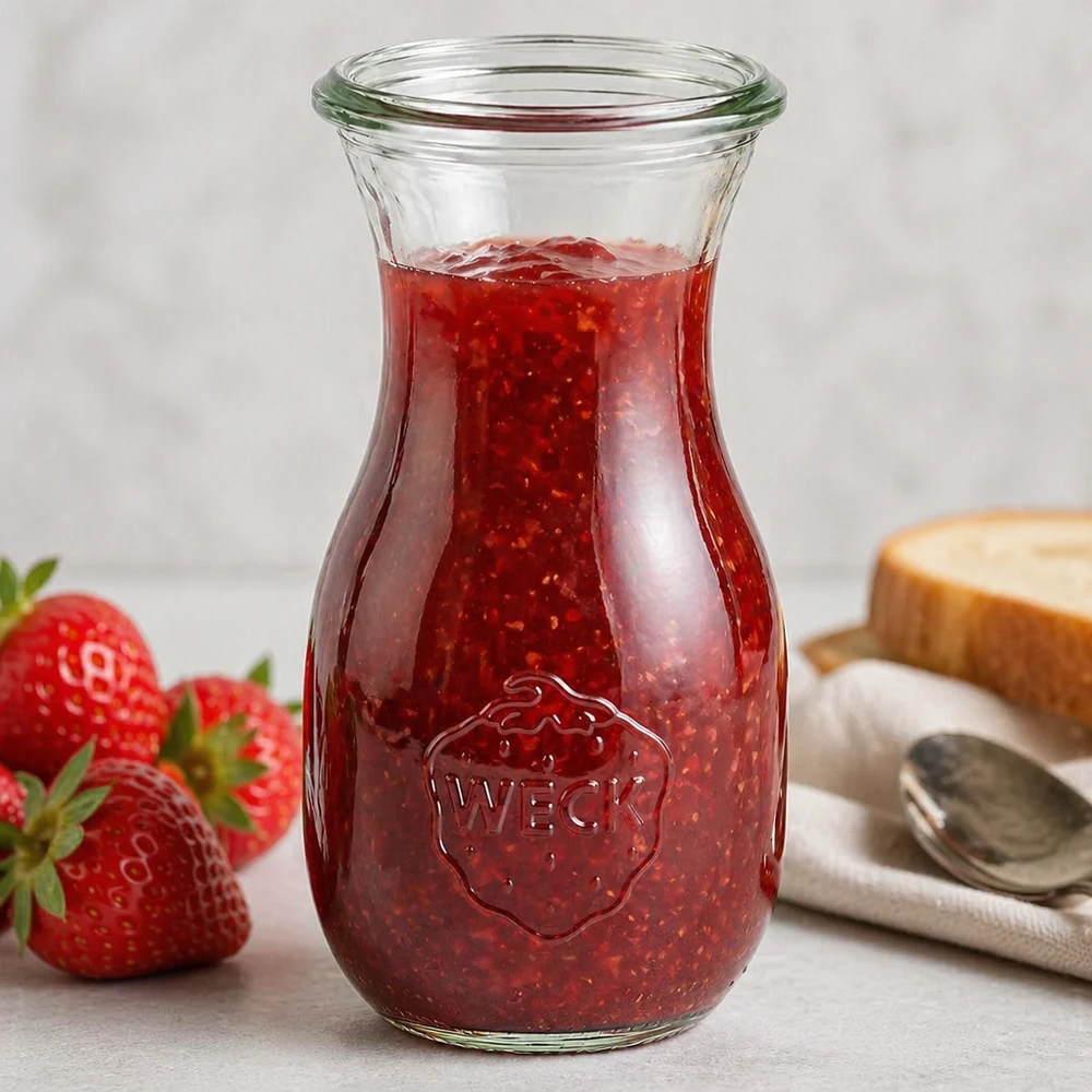 Garrafa para sumo WECK RR60 de 290 ml Garrafa de sumo WECK de 290 ml RR60 cheia com doce de morango vermelho e logótipo da empresa visível na superfície branca