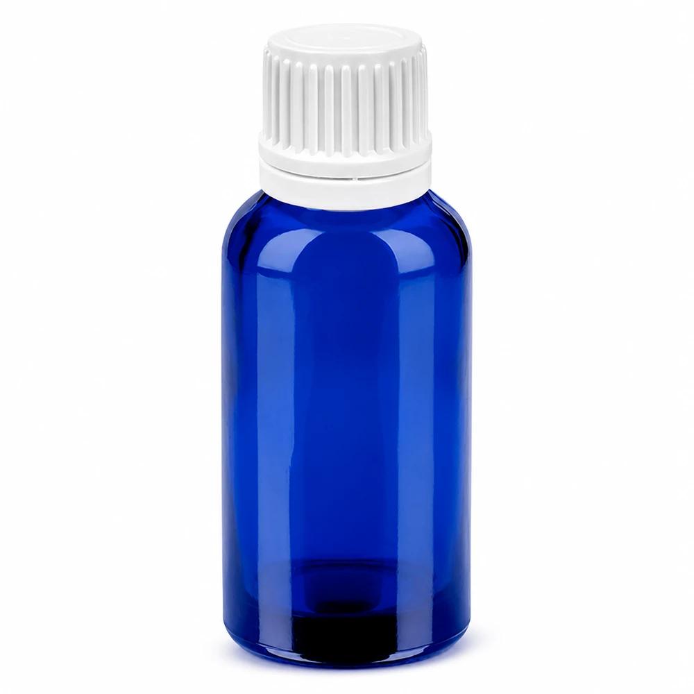 Frasco conta-gotas de 30 ml com tampa inviolável branca de 0,7 mm BlueLine UT18/30 Frasco de vidro azul de 30 ml com tampa branca com conta-gotas para uma dosagem precisa