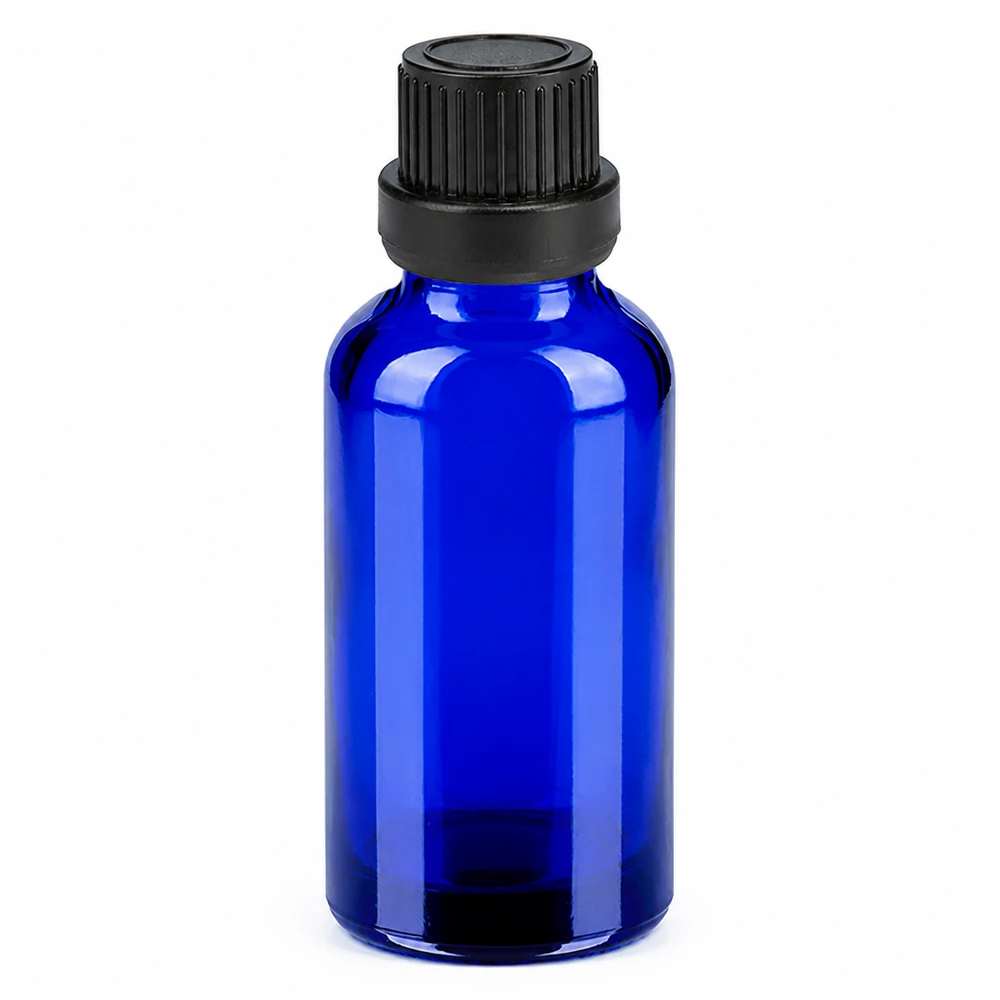 Frasco de 30ml 11mm tampa de rosca preta inviolável BlueLine UT18/30 Frasco de vidro azul de 30 ml com tampa preta para óleos essenciais e cosméticos