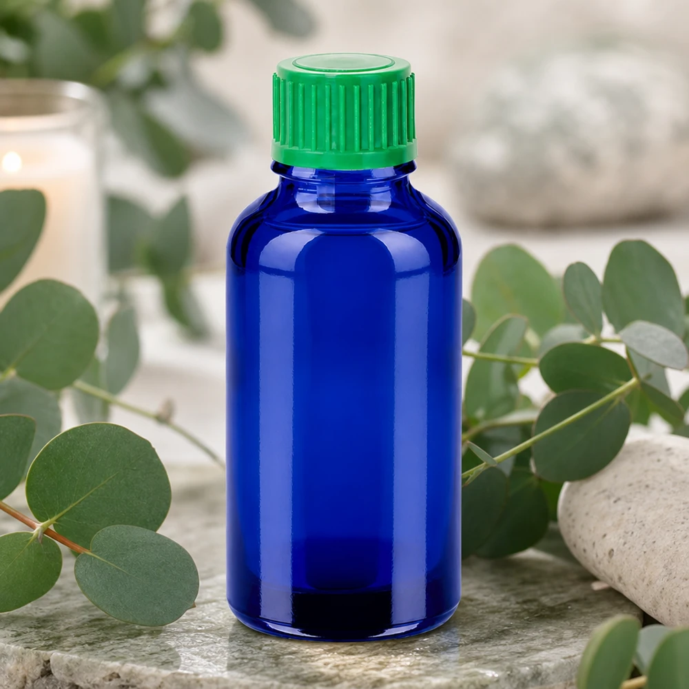 Frasco de vidro de 30 ml de alta qualidade em azul elegante com uma prática tampa de rosca verde
