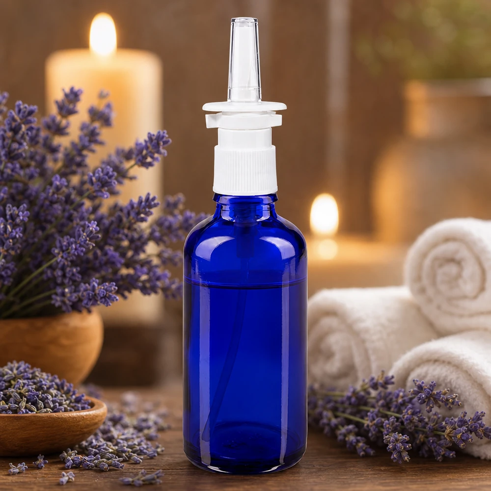 Frasco de vidro azul de 50 ml com bico pulverizador nasal, em frente a flores de lavanda e velas que criam um ambiente de bem-estar