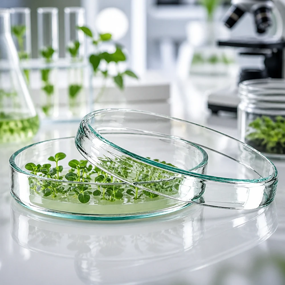 Placa de Petri de vidro, 80 x 15 mm, com plântulas verdes numa solução nutritiva transparente, no laboratório de botânica