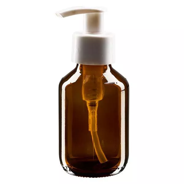 Frasco de remédio de 100ml marrom, com bomba dispensadora branca ApoGlas Frasco de remédio de 100ml marrom, com bomba dispensadora branca ApoGlas