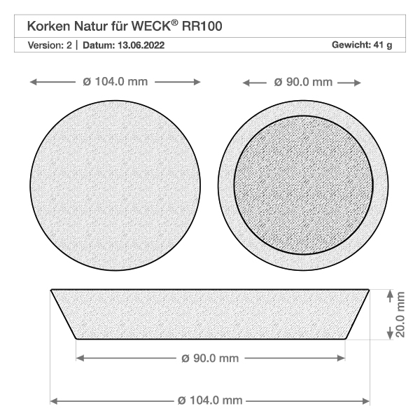 Cortiça para abertura 94mm WECK RR100 (ø90/104, H=20mm) Desenho técnico Rolha de cortiça WECK RR100 com dimensões 104mm 90mm diâmetro 20mm altura peso 41g cortiça natural