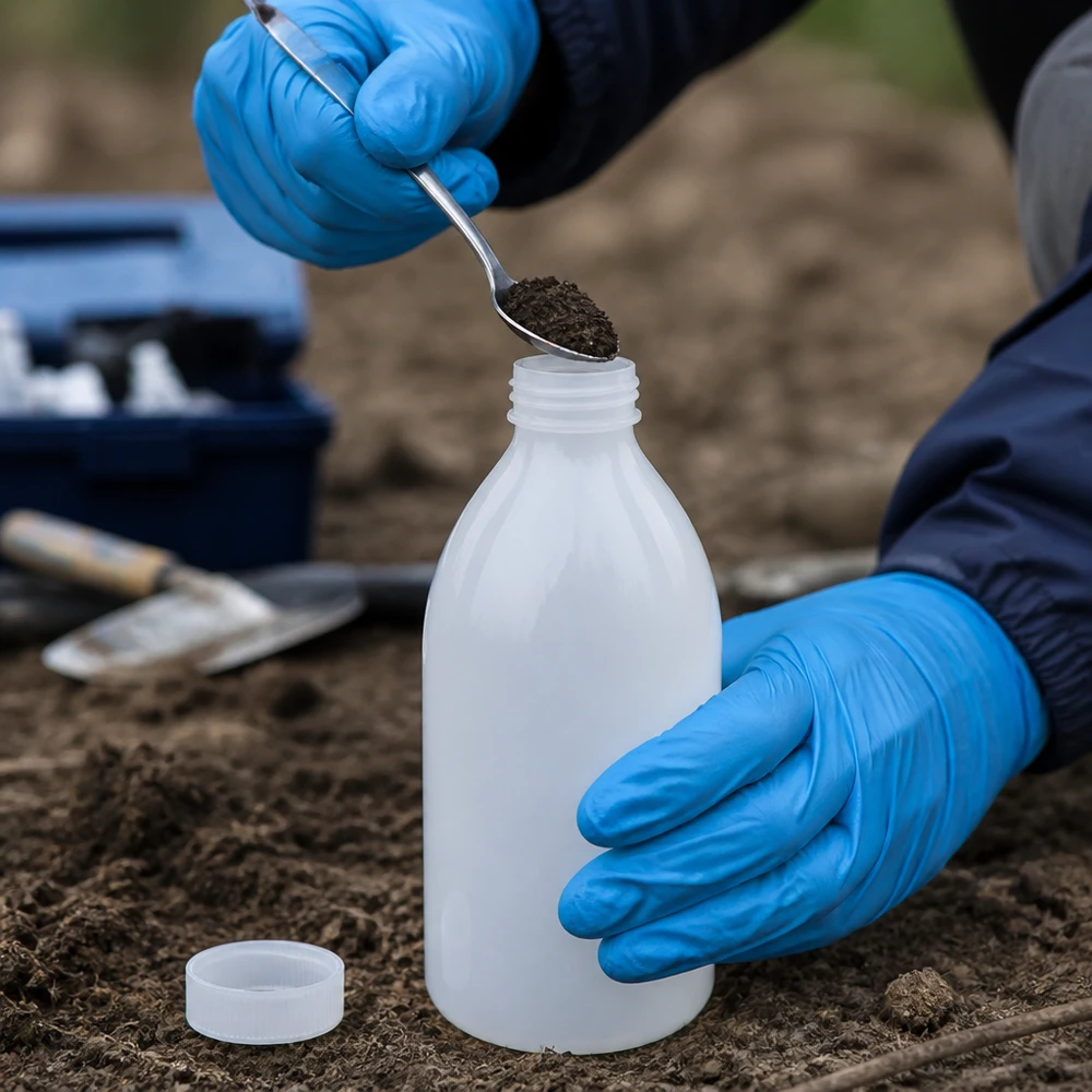 Frasco de rosca de 500ml, frasco de laboratório com gargalo estreito Wissenschaftler entnimmt Erdprobe in 500ml Laborflasche mit engem Hals im Freien