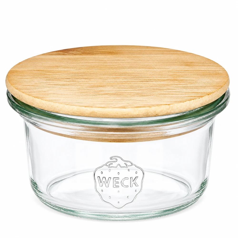 Mini copos de 50 ml WECK RR60 com tampa redonda de madeira de bambu, frasco transparente com o logótipo WECK