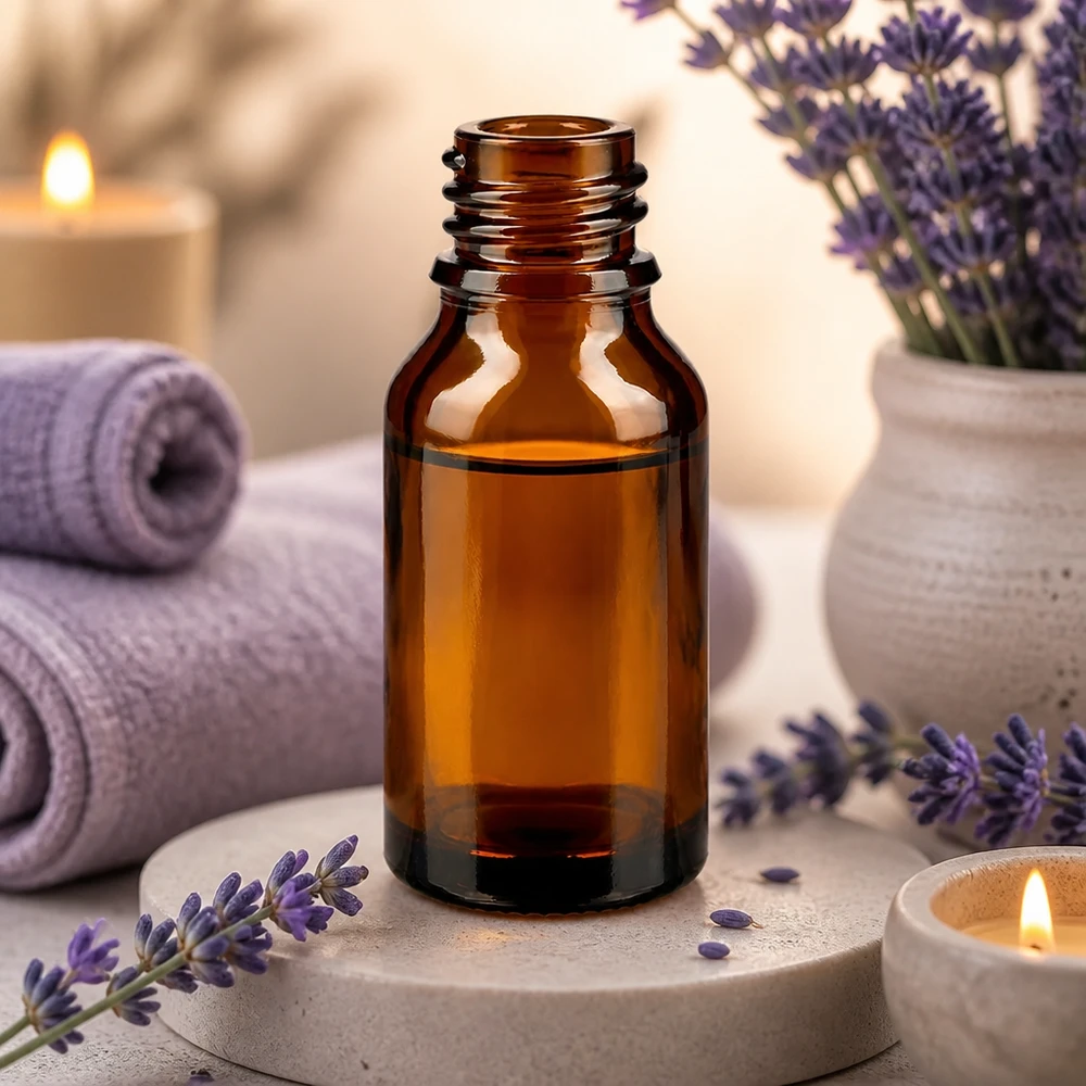 Frasco conta-gotas 30 ml DIN 18 vidro âmbar HOHE FORM Frasco de boticário castanho de 30 ml ApoGlas com lavanda spa wellness aromaterapia toalhas velas ambiente