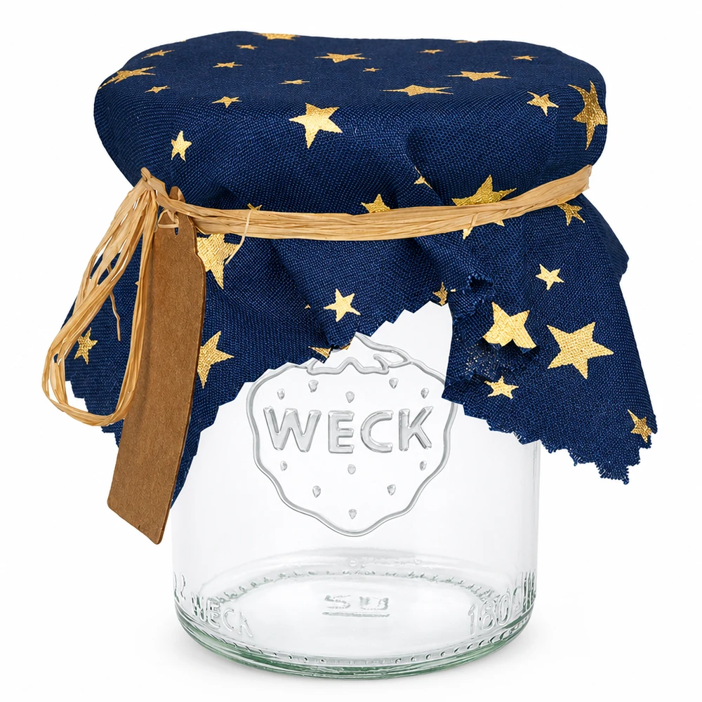 Pano de cozinha azul "estrelas" 15cm quadrado Guardanapo de tecido azul com estrelas douradas num frasco de conserva Weck com laço e etiqueta 15cm quadrado