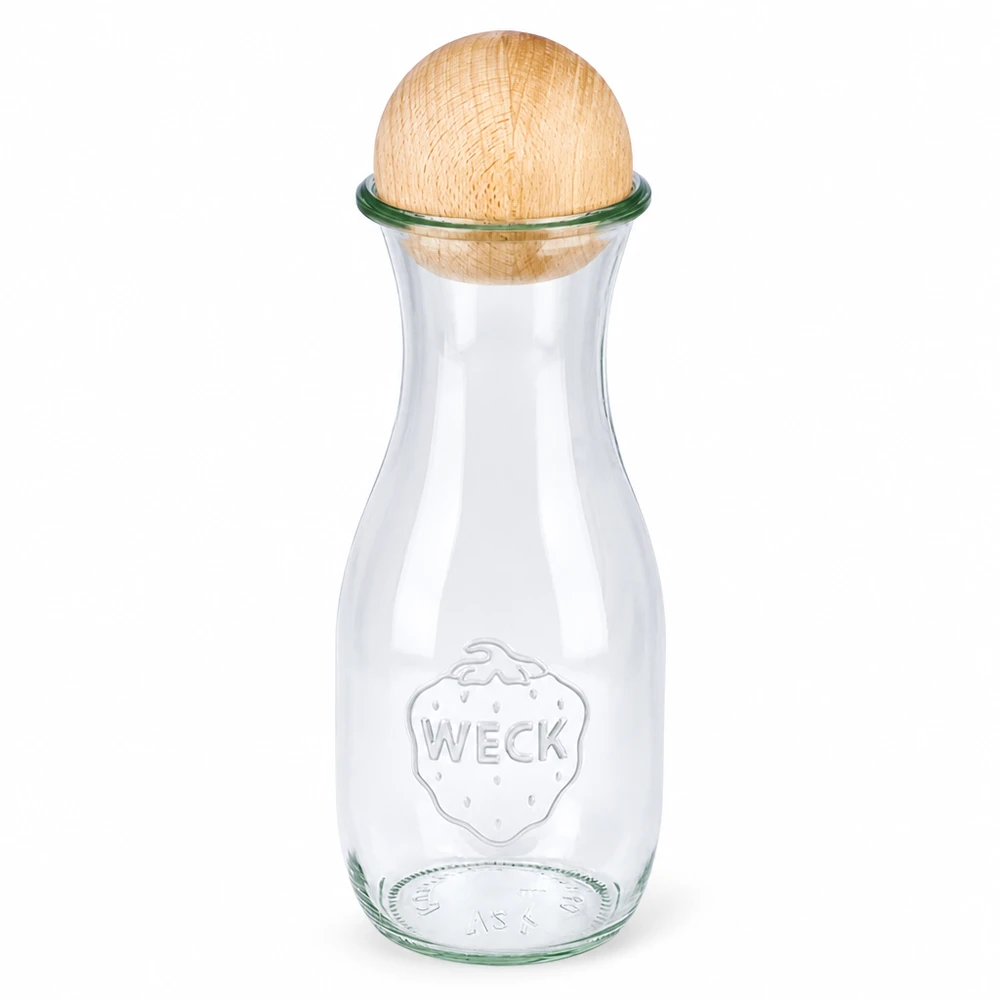 Garrafa de sumo WECK RR60 de 530ml com bola de madeira em faia Garrafa de sumo WECK RR60 de 530 ml em vidro com fecho em madeira de faia Garrafa de vidro transparente com logótipo WECK