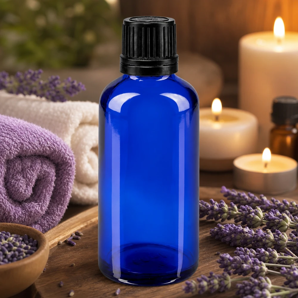 Frasco de vidro azul de 50 ml com tampa conta-gotas preta, entre flores de lavanda e velas