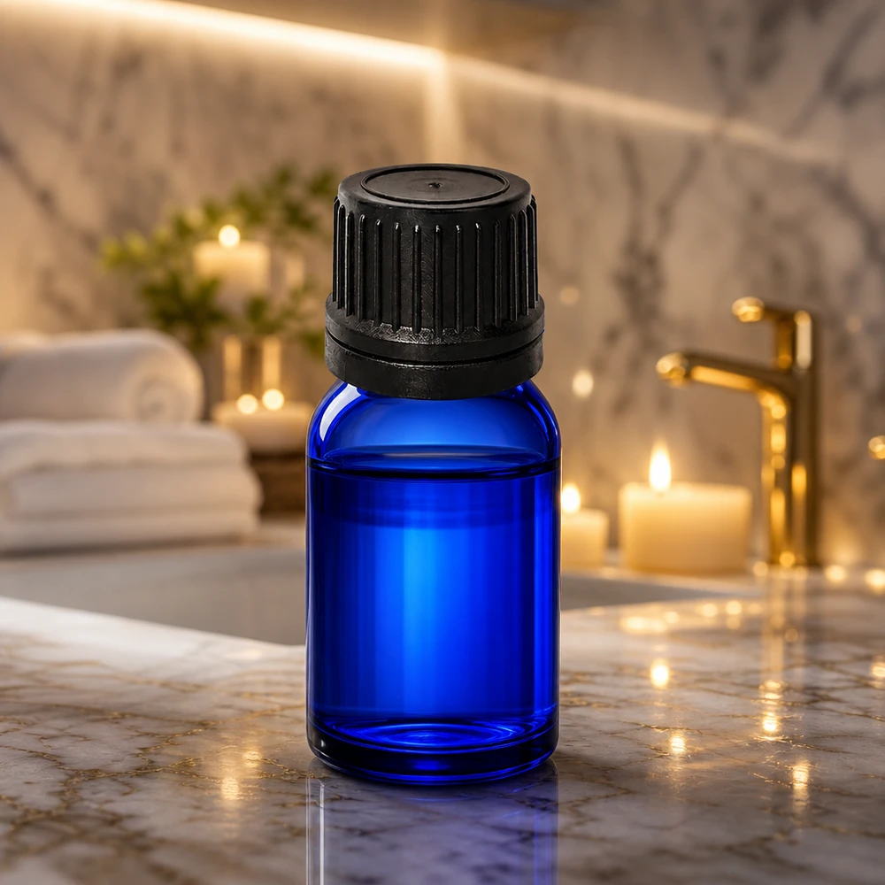 Frasco conta-gotas de 5 ml 1mm preto com fecho inviolável BlueLine UT18/5 Frasco de vidro azul de 5 ml com abertura de 1 mm para uma aplicação precisa na casa de banho e no spa