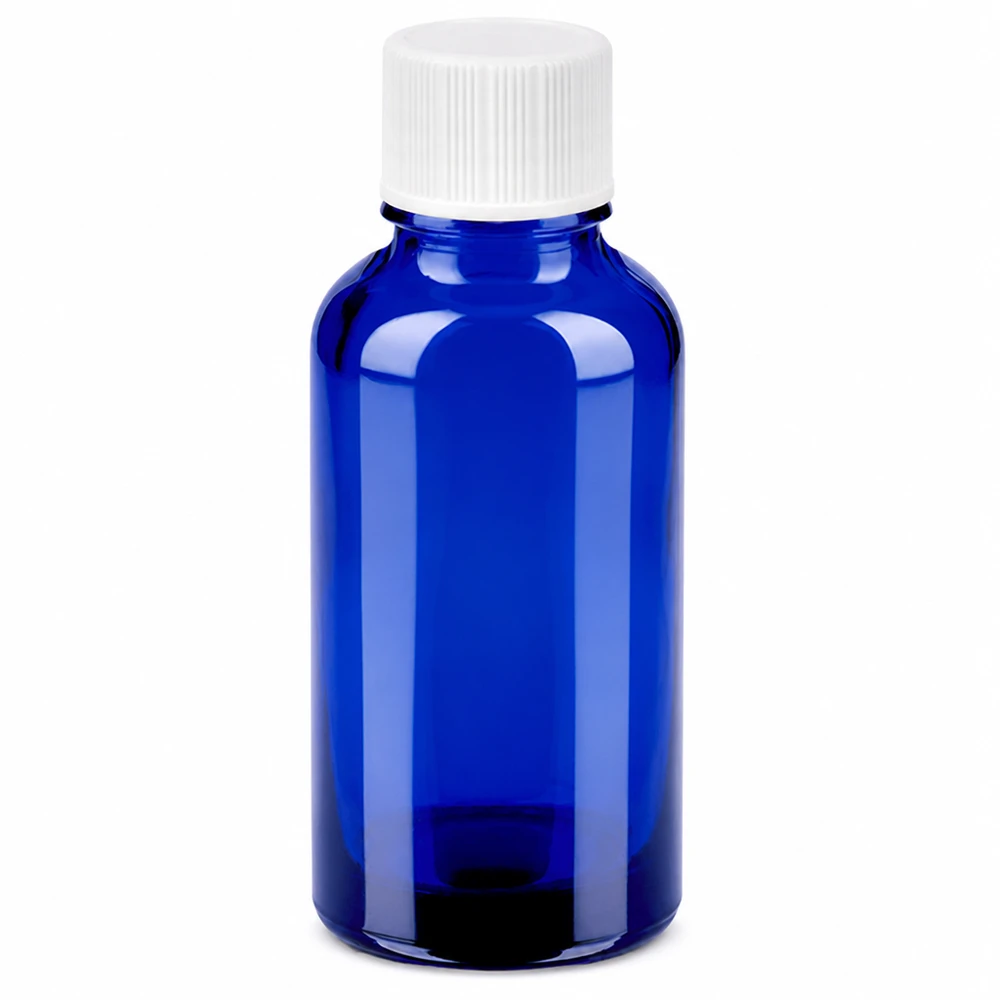 Frasco de 30ml com tampa de rosca de 11mm branco standard BlueLine UT18/30 Frasco de vidro azul de 30 ml com tampa de rosca branca para óleos essenciais e cosméticos