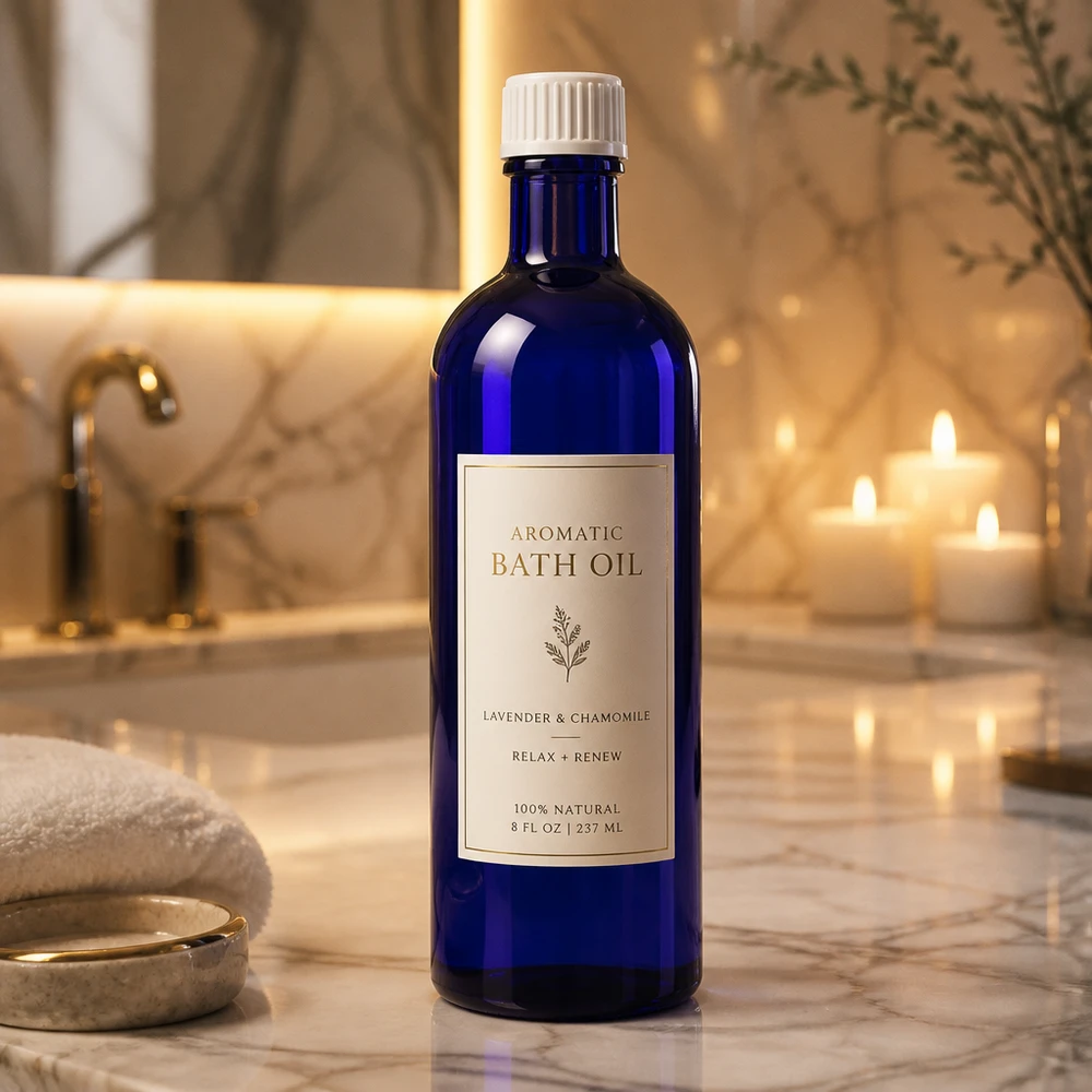 Frasco azul de farmácia de 200 ml com sais de banho e óleo aromático de lavanda e camomila – óleo de banho natural