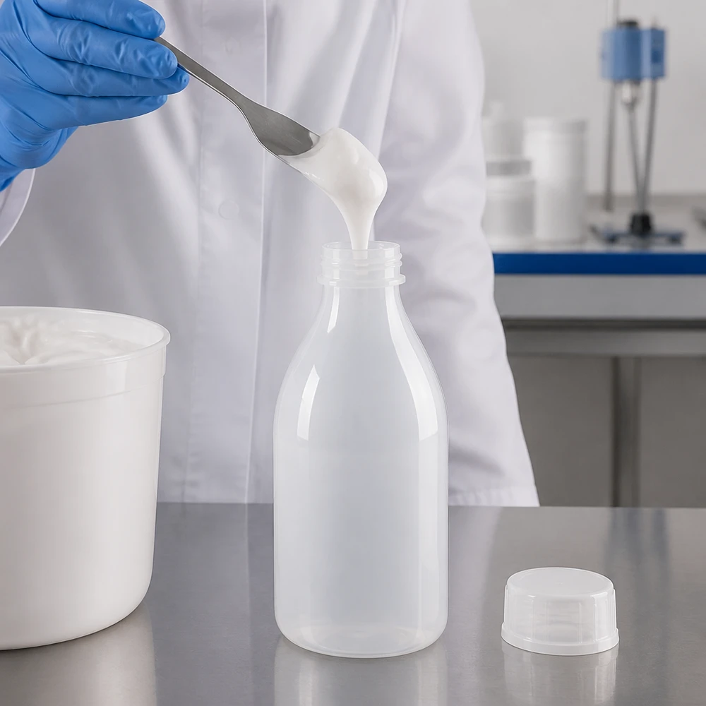 A substância branca e cremosa é colocada num frasco transparente de 100 ml com tampa de rosca, utilizando uma espátula metálica