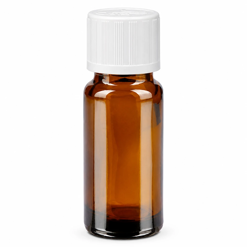 Frasco de vidro castanho de farmácia com 10 ml e tampa de segurança para crianças branca de 11 mm