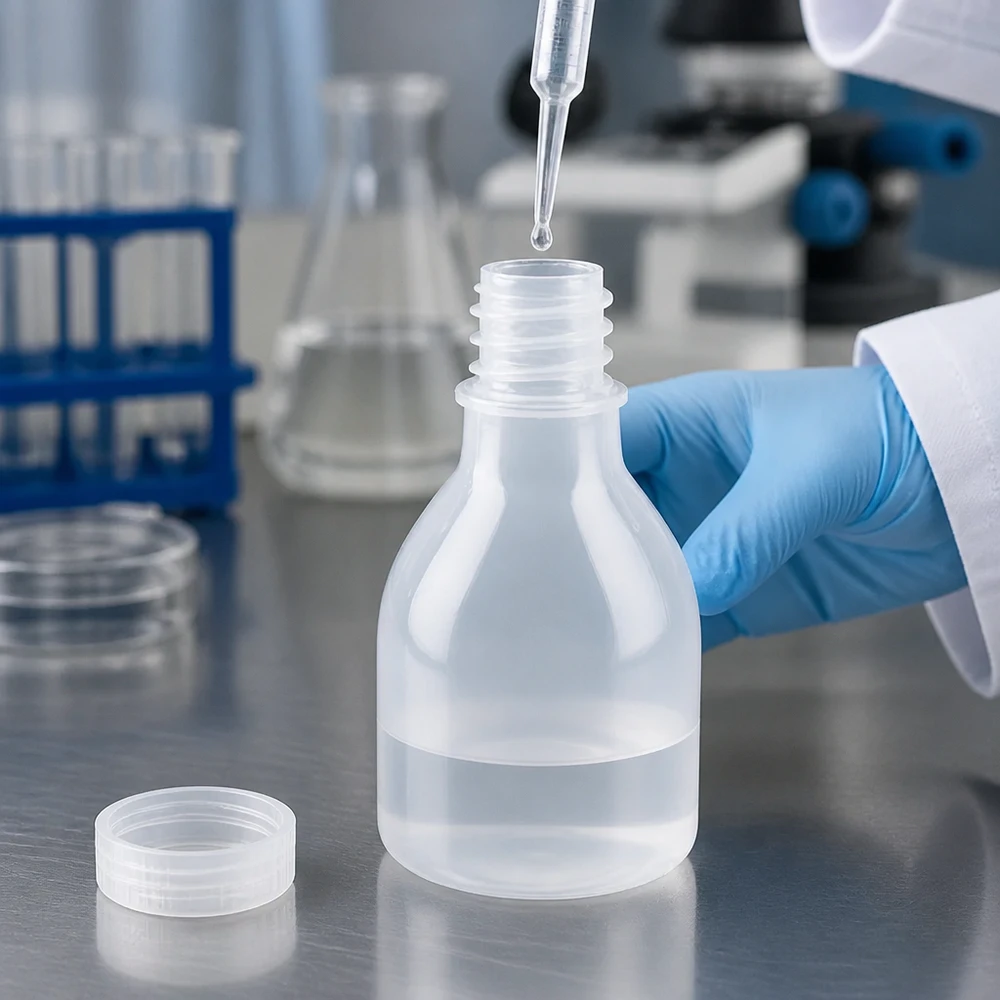 Frasco de laboratório de 20ml com gargalo estreito e sem tampa Frasco de laboratório de PE de gargalo estreito, com 20 ml, sem tampa e com pipeta, durante o enchimento no laboratório