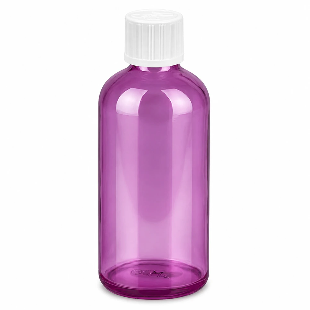 Frasco conta-gotas de 100 ml com tampa de rosca inviolável de 1,2 mm de vidro branco padrão resistente a crianças PurpleLine. UT18/100 Frasco conta-gotas de plástico de 100 ml em roxo transparente com tampa de rosca branca