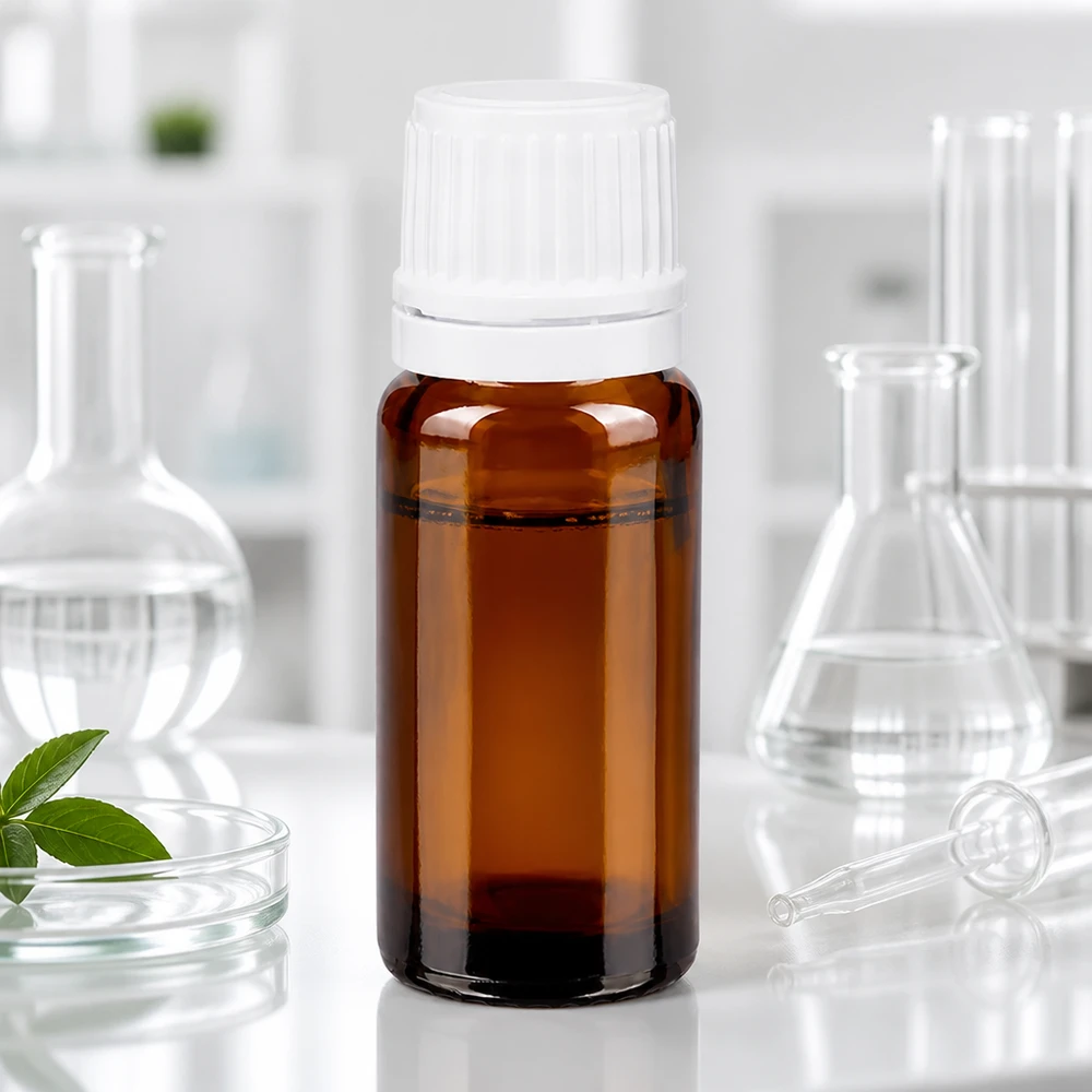 Frasco de farmácia castanho 10ml tampa de rosca branca com fecho inviolável Frasco de farmácia de 10 ml, de vidro castanho com tampa de segurança branca, no laboratório
