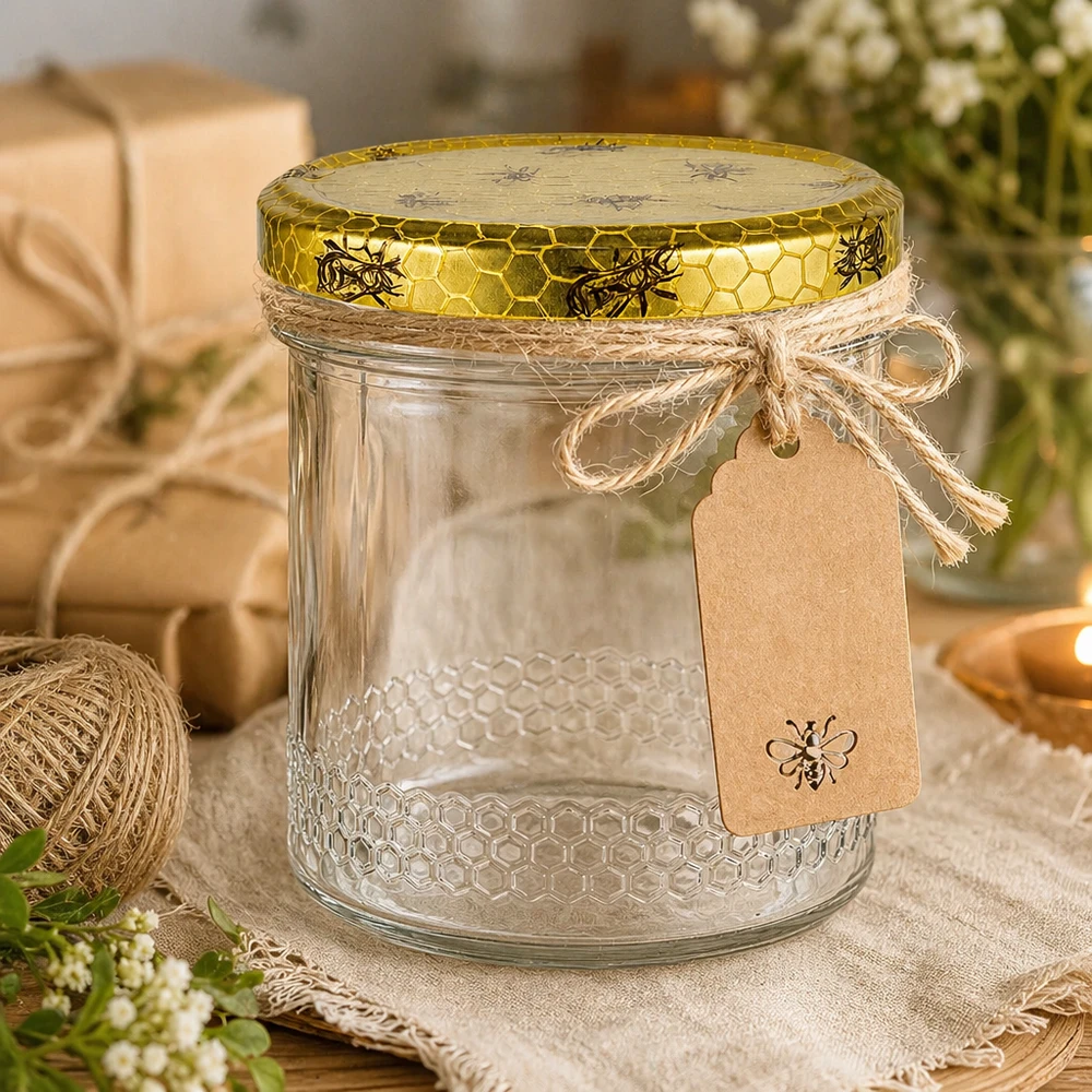 Frasco de mel de 400 ml decorativo com fio de ráfia e pendente, tampa com padrão de abelha dourada, embalagem rústica para presente