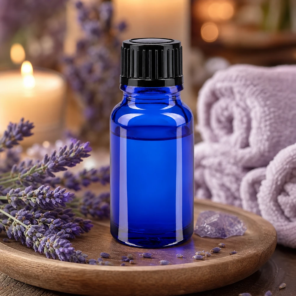 Frasco de farmácia azul 10ml tampa de rosca preto standard Pequeno frasco de vidro azul de 10 ml com tampa preta para óleos essenciais