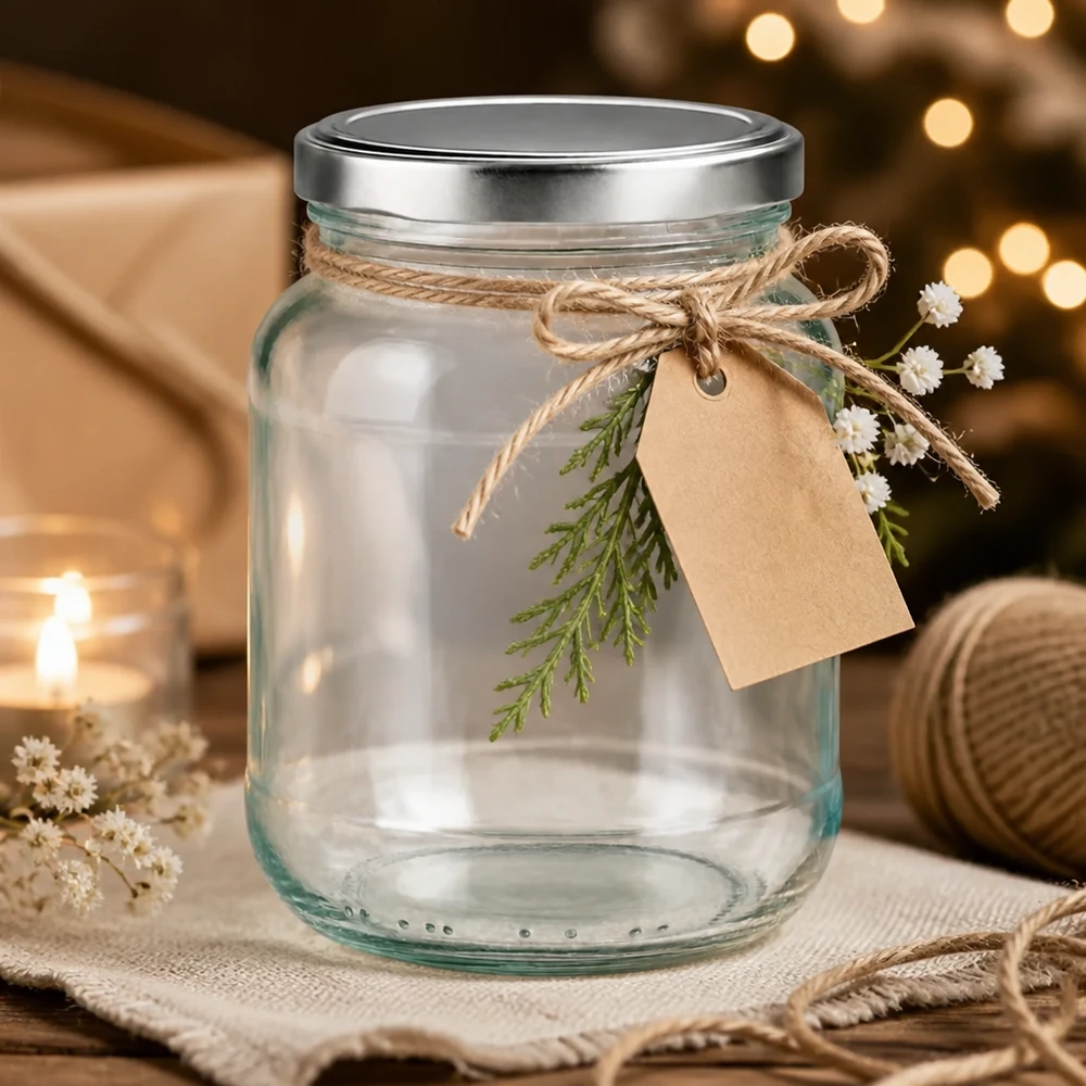 Frasco oval de 370 ml com tampa BasicSeal prateada como ideia de presente, decorado com cordão de juta e etiqueta de presente