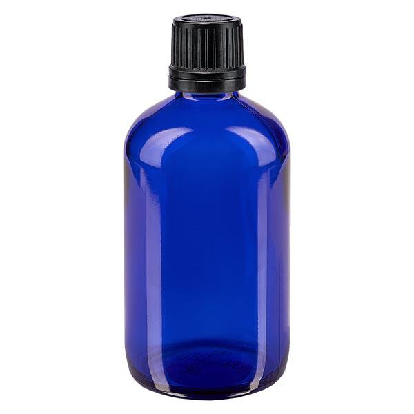 Frasco de farmácia azul 100ml tampa de rosca preta anel de vazamento fecho inviolável Frasco de farmácia azul 100ml tampa de rosca preta anel de vazamento fecho inviolável