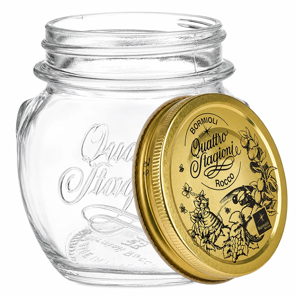300ml Rundglas "Quattro Stagioni" mit Deckel Bormioli Rocco Quattro Stagioni Frasco redondo de 300 ml com tampa de rosca dourada Frasco para conservas
