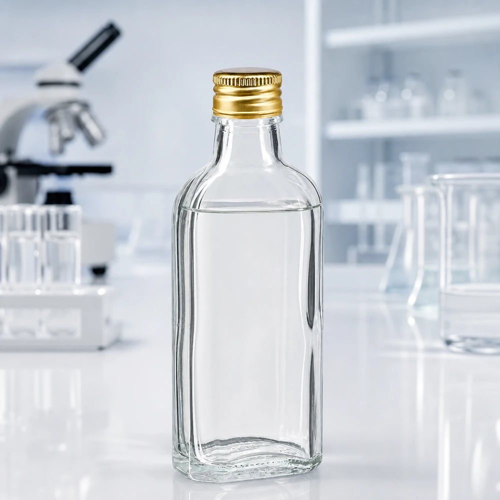 Pequeno frasco de vidro de 100 ml, retangular e achatado, com tampa de rosca dourada PP22, em laboratório
