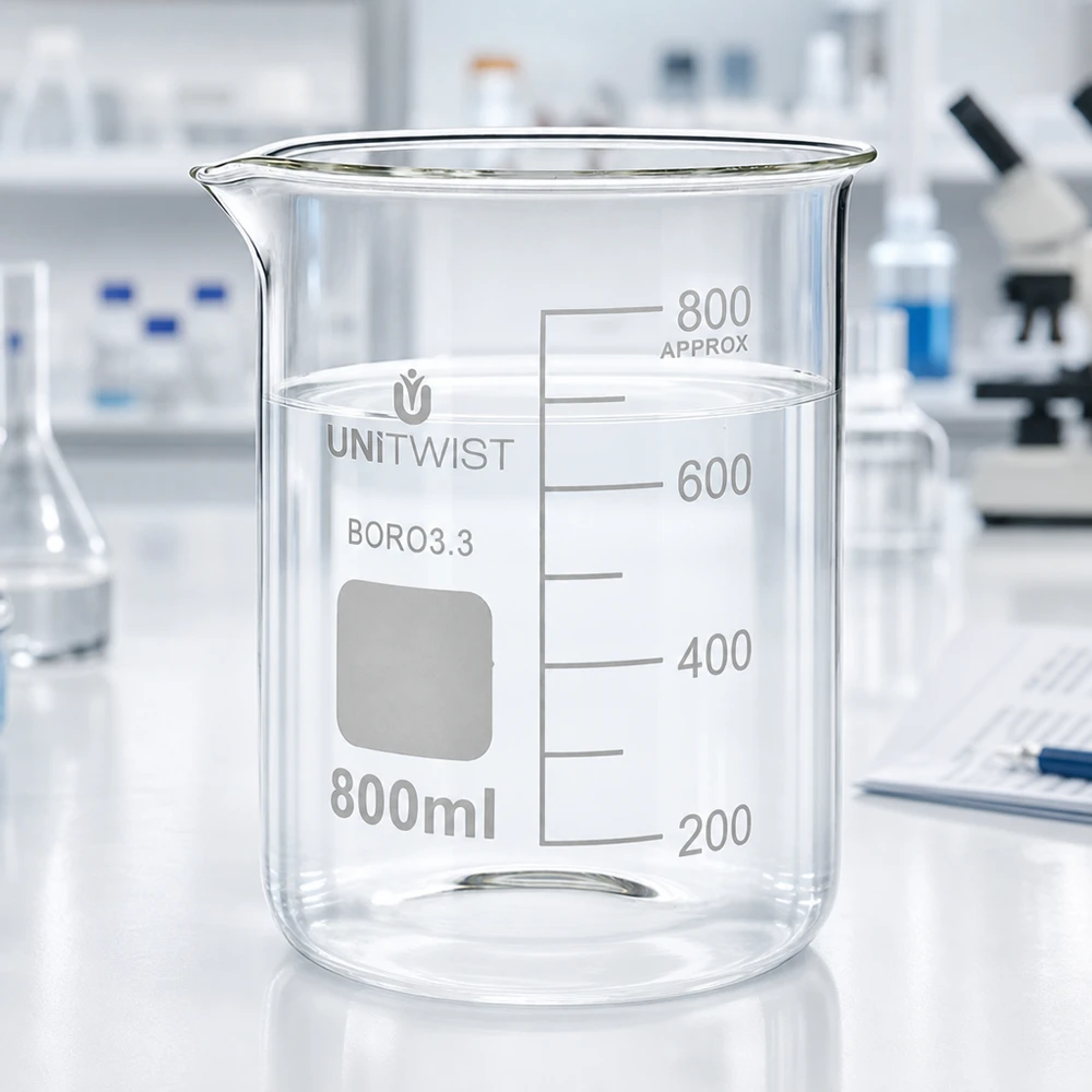 Copo 800 ml de borossilicato, baixo teor de bolor UNiTWIST Copo de vidro UNiTWIST de 800 ml, borossilicato 3.3, de formato baixo, transparente, sobre uma mesa de laboratório branca