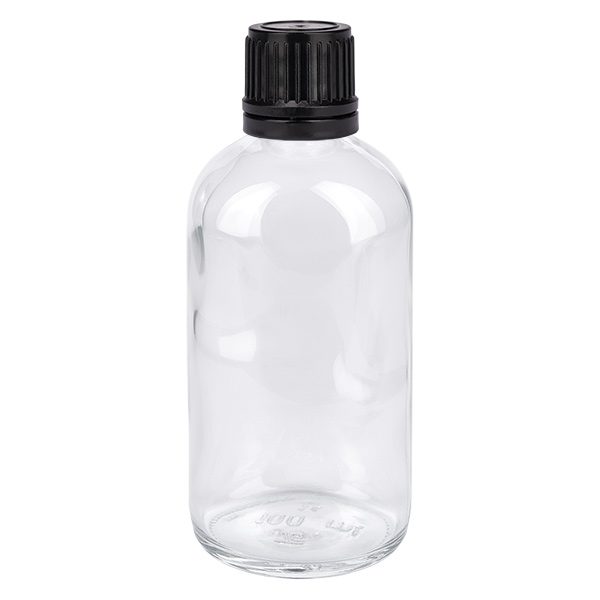Frasco de 100ml (globule) 8mm anel de vazamento preto fecho padrão ClearLine UT18/1 Frasco de vidro transparente de 100 ml com tampa de rosca preta para glóbulos homeopáticos e produtos homeopáticos