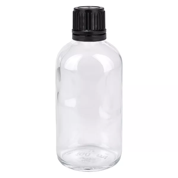 Frasco de 100ml (globule) 8mm anel de vazamento preto fecho padrão ClearLine UT18/1 Frasco de vidro transparente de 100 ml com tampa de rosca preta para glóbulos homeopáticos e produtos homeopáticos