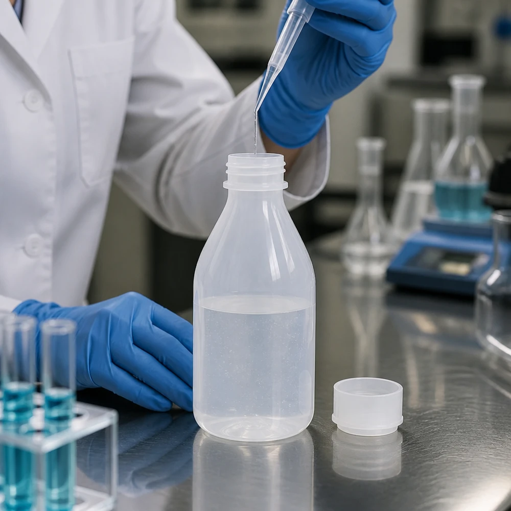 Um técnico de laboratório pipeta um líquido para um frasco de 100 ml de gargalo estreito com tampa de rosca, usando uma luva azul