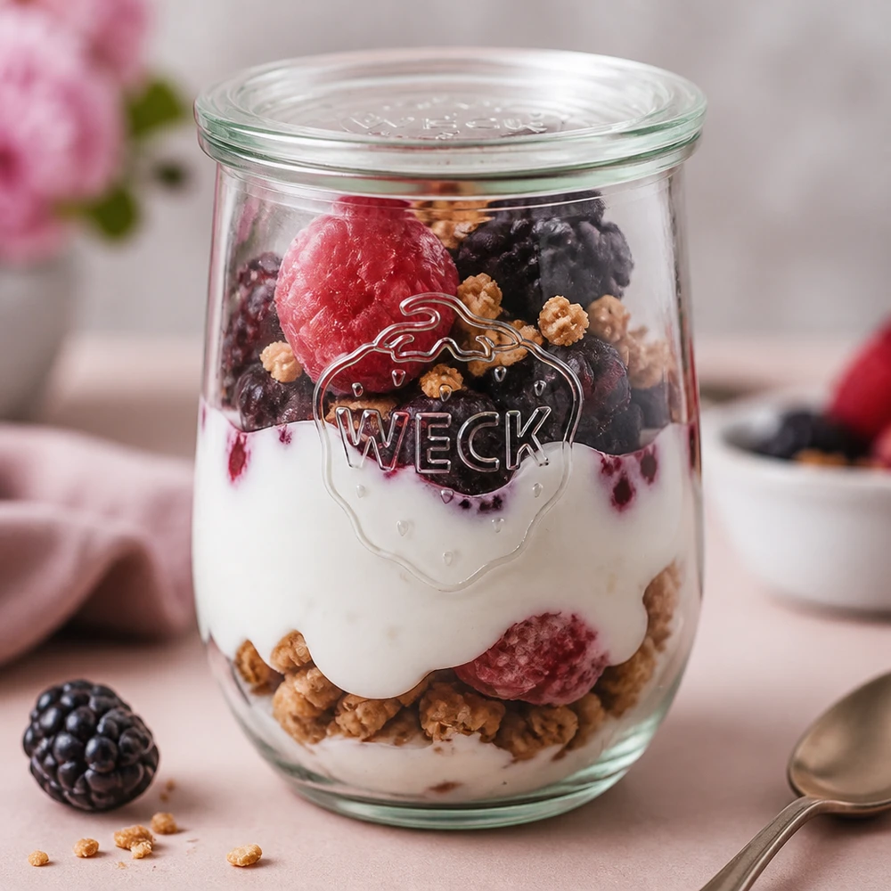 Frasco tulipa WECK 1062ml cheio de iogurte bagas muesli sobremesa em camadas RR100 tampa do frasco pequeno-almoço parfait rosa backgru