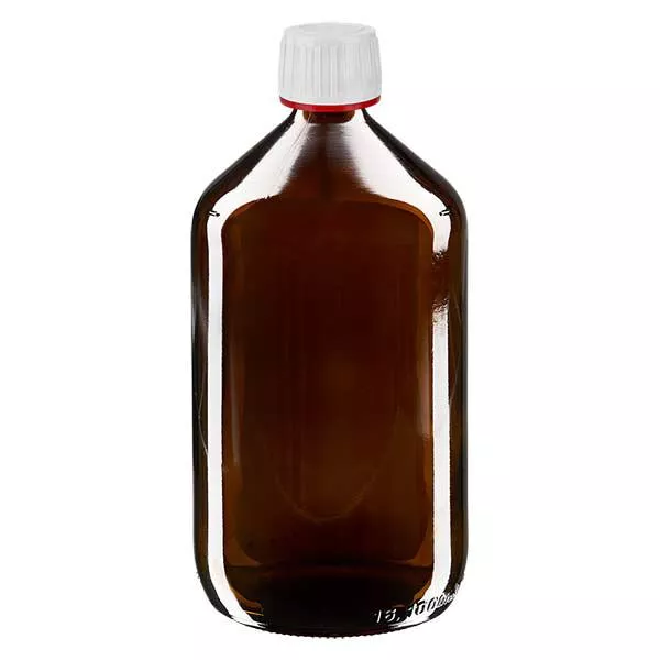 Frasco de medicamento de 1000ml castanho, tampa branca com anel inviolável vermelho ApoGlas Frasco de medicamento de 1000ml castanho, tampa branca com anel inviolável vermelho ApoGlas