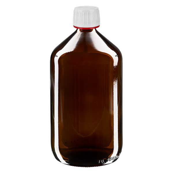 Frasco de medicamento de 1000ml castanho, tampa branca com anel inviolável vermelho ApoGlas